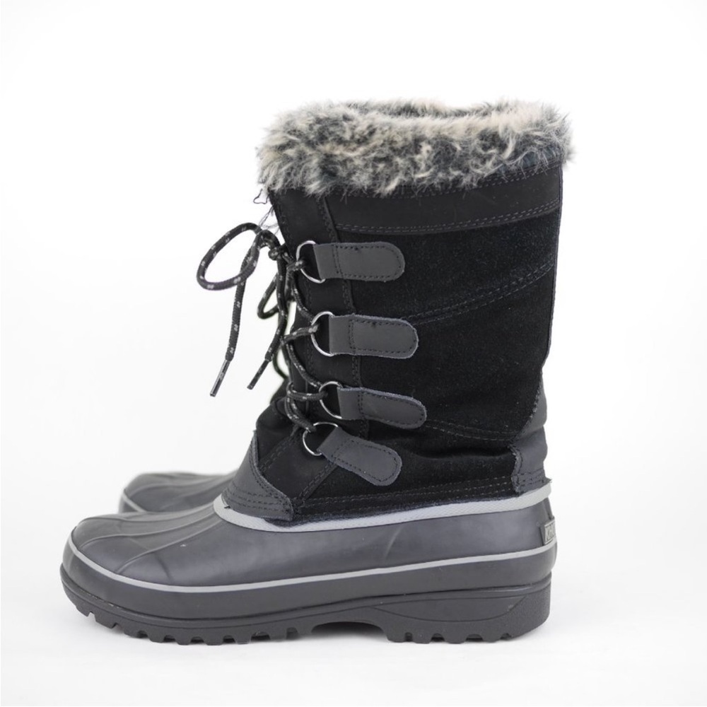 KHOMBU Women's Black Leather Rubber Winter Snow Boots Fleece Lined Mid Calf 7 - Picture 2 of 14